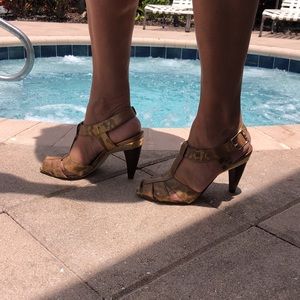 BCBG Girls Gold and Tan with wooden Heel